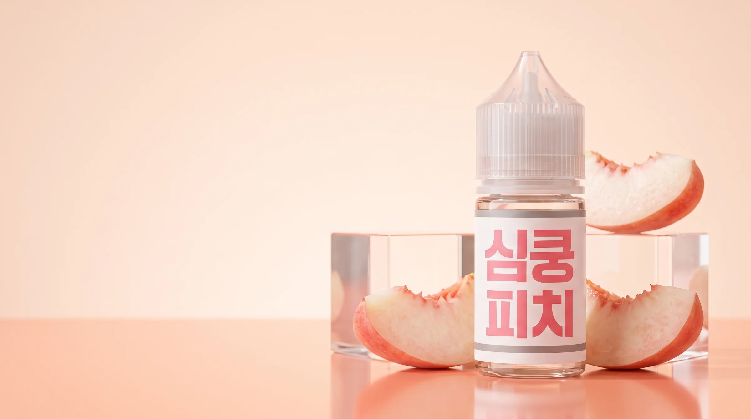 심쿵 피치 액상 병과 복숭아 조각이 놓인 크림 톤 키비주얼